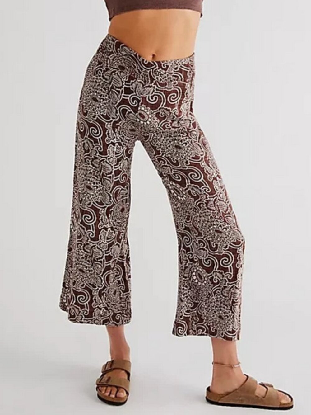Free People FP One Dakota Flare Pants Printed Pull-On Mid-Rise Brown S